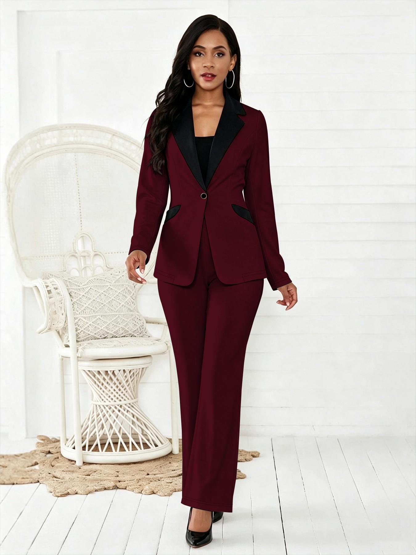 Women's Black Girl Magic Style Contrast Lapel Long Sleeve Business Blazer Suit Set, High Waist Flare Trouser for Commute