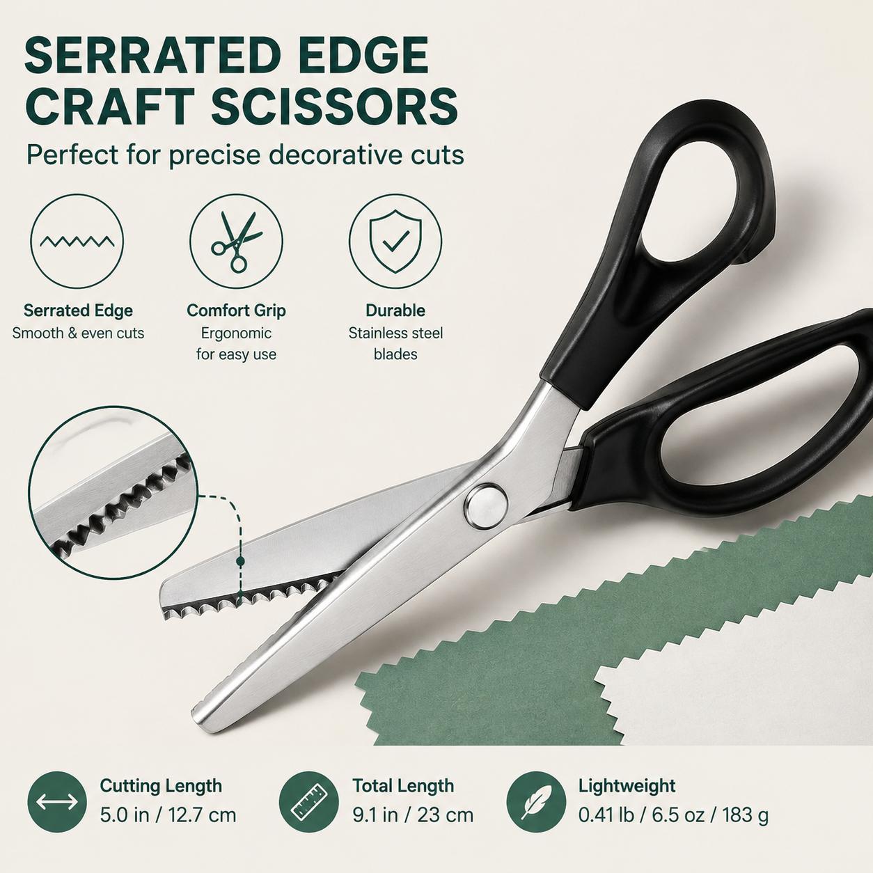 Premium Stainless Steel Zigzag Scissors with Precision Serrated Blades for Clean Cutting of Lace, Fabric, and Craft Materials — Ideal for Dressmaking, Tailoring, Sewing Projects, and DIY Handicrafts — Ergonomic Design, Rust-Resistant, Long-Lasting Sharpne