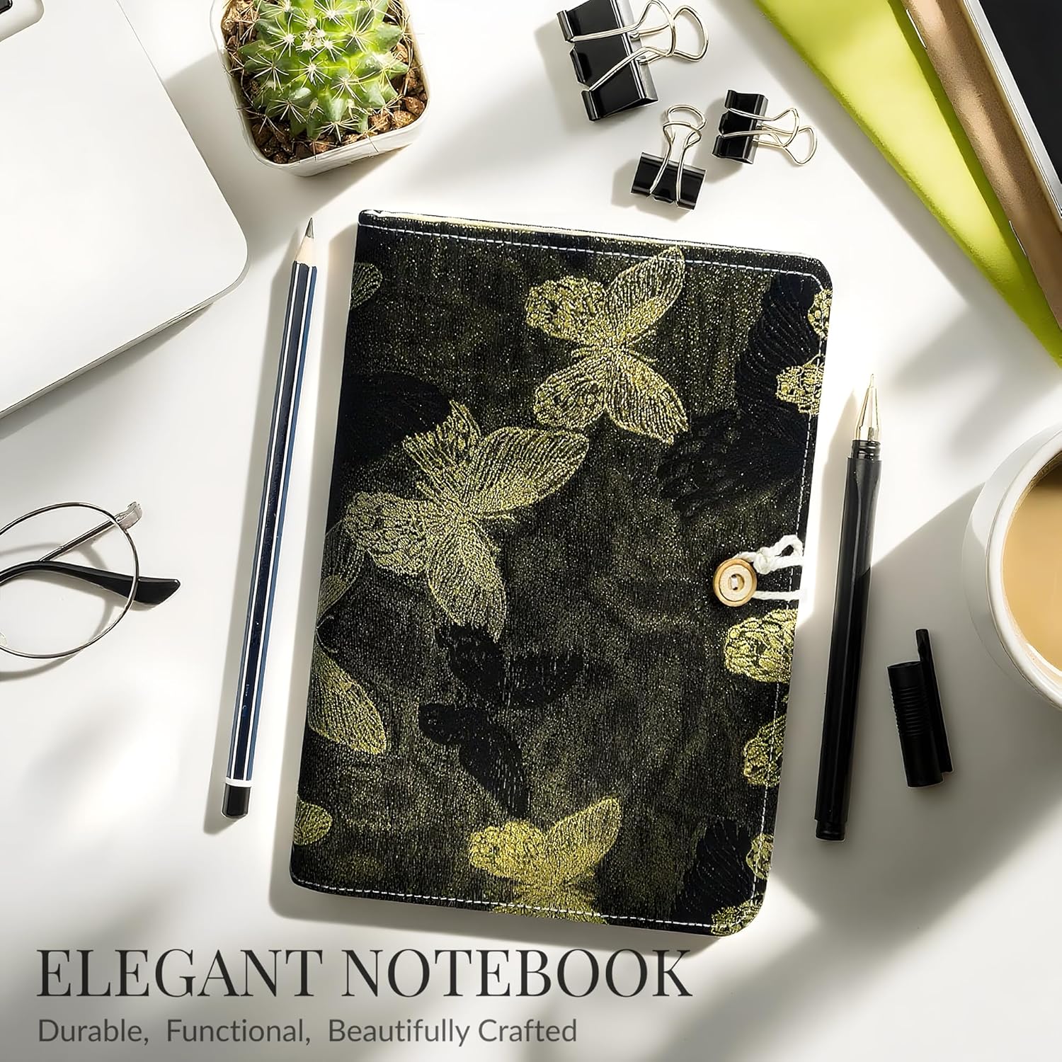 Refillable A5 Loose Leaf Hardcover Notebook, Luxury Gleaming Embroidered Butterfly Black &  6-Ring Planner with Grid Pages, Deluxe Hardcover  Set Journal for Study, Work.