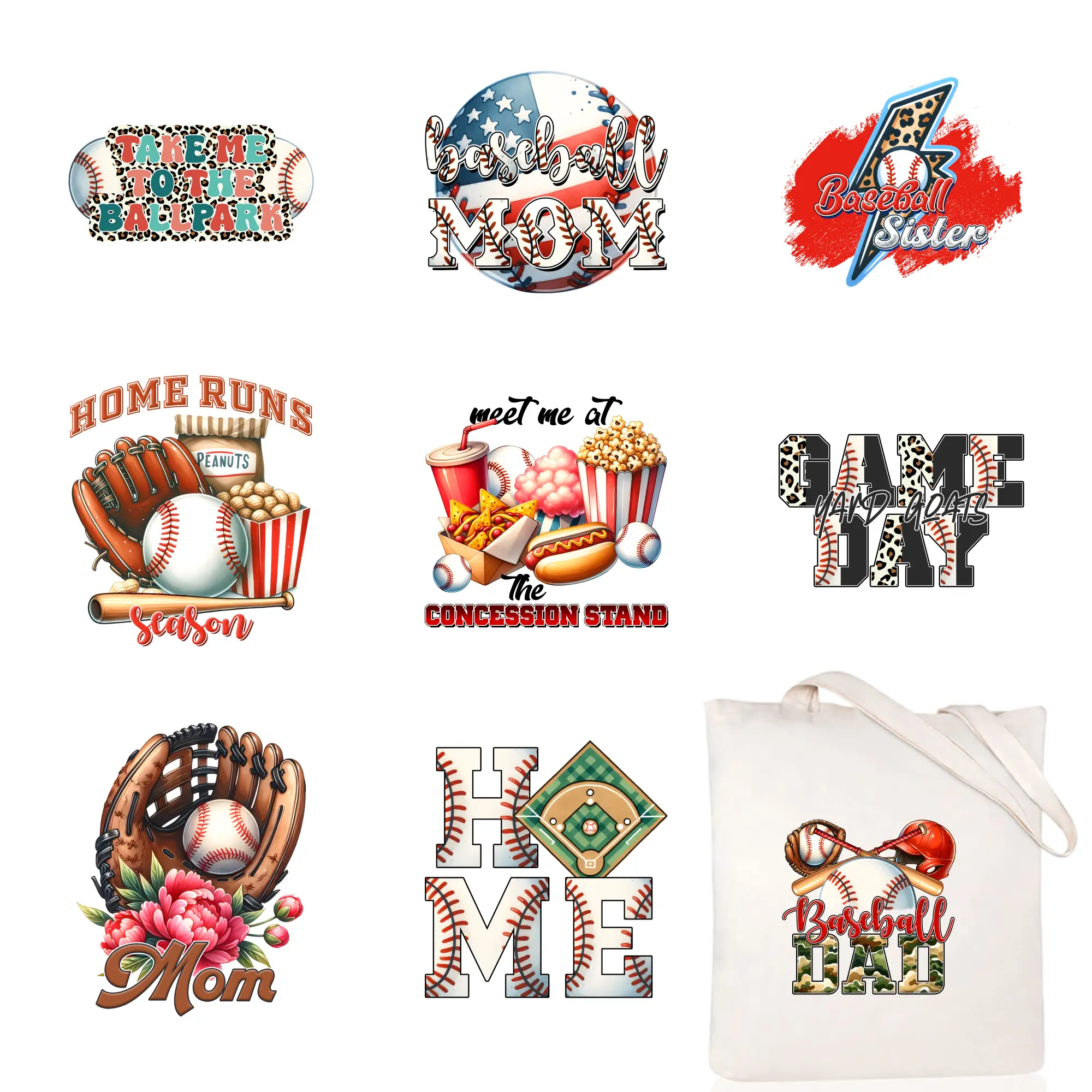 9 Pcs Baseball Themed Iron on Transfers Washable heat transfer stickers Press Washable Stickers DTF Transfers Ready for Clothing T-Shirt Jeans Applications for clothing, T-shirts, jeans, backpacks, hats, pillows. Hoodie DIY Crafts