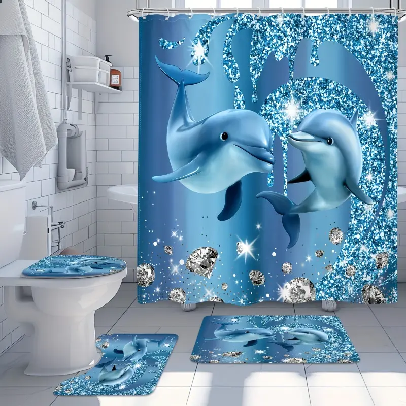 4pcs Blue Dolphin Shower Curtain Set – Cartoon Cute Dolphin Diamond Spray Ocean Art, Includes 12 Hooks, Non-Slip Mat, U-Shaped Mat & Toilet Cover, Home Decor Gift