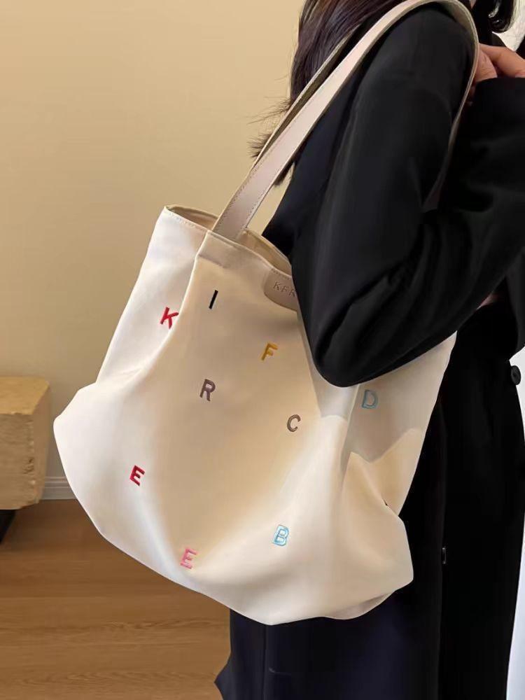 Women's Large Capacity Canvas Tote Bag, Trendy Embroidered Letter Shoulder Bag, Fresh Style Handbag for Students