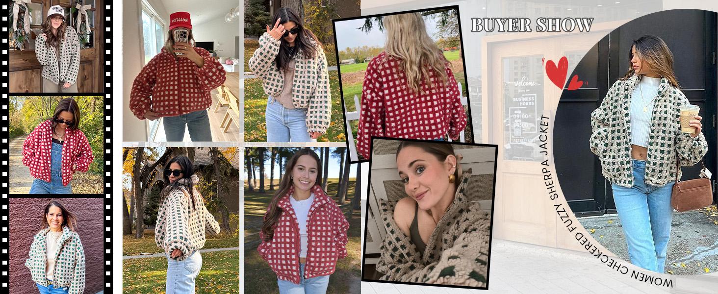 JovenPara Women's Winter Sherpa Fleece Jacket Long Sleeve Zip Up Checkered Fuzzy Cropped Coats Warm Outwear with Pockets Casual Winter Outerwear Womenswear JovenPara Women's Winter Sherpa Fleece Jacket Long Sleeve Zip Up Checkered Fuzzy Cropped Coats Warm Outwear with Pockets Casual Winter Outerwear Womenswear