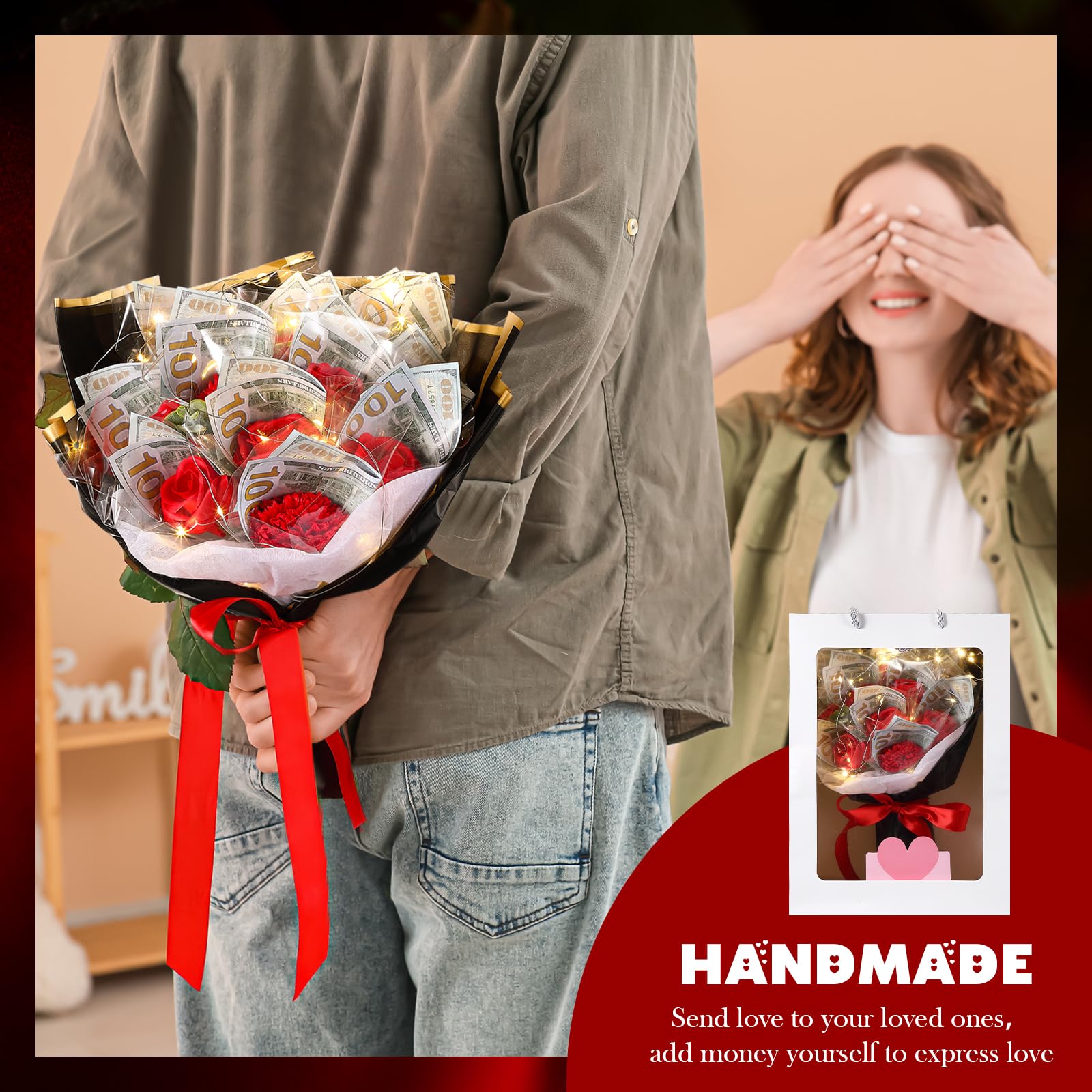 Birthday Gift Money Flower Bouquet Cash Rose Artificial Bouquet Money Bouquet Kit for Cash Gift Pink Money Bouquet Flowers with Bag LED Light String Card for Birthday Party Anniversary  Weddig Gift for Women Girlfriend  (money not included)