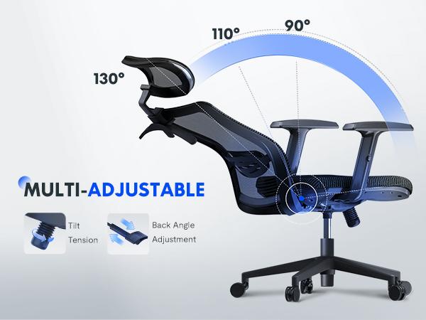 【TikTokShopBlackFriday】Executive Ergonomic Office Chair, Height Adjustable Mesh Computer Chair with Adjustable Headrest, Armrests, and Lumbar Support, Home Office Desk Chair, Gray