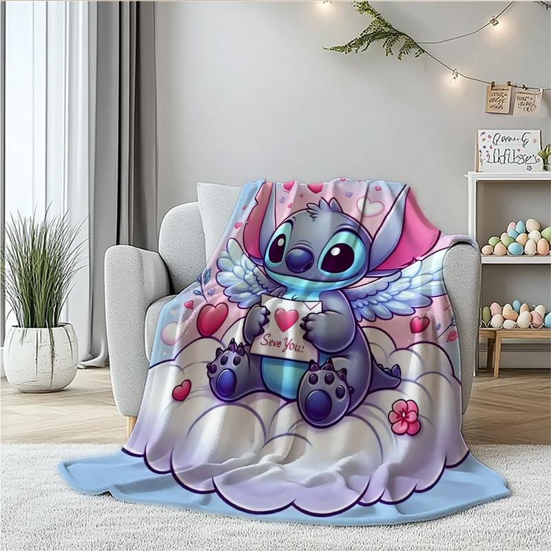 Cute Angel Stitch Cloud Theme Flannel Blanket, Light Blue Bottom, Winged Stitch Hugging Heart Card, I Love You Design, Valentine's Day Gift