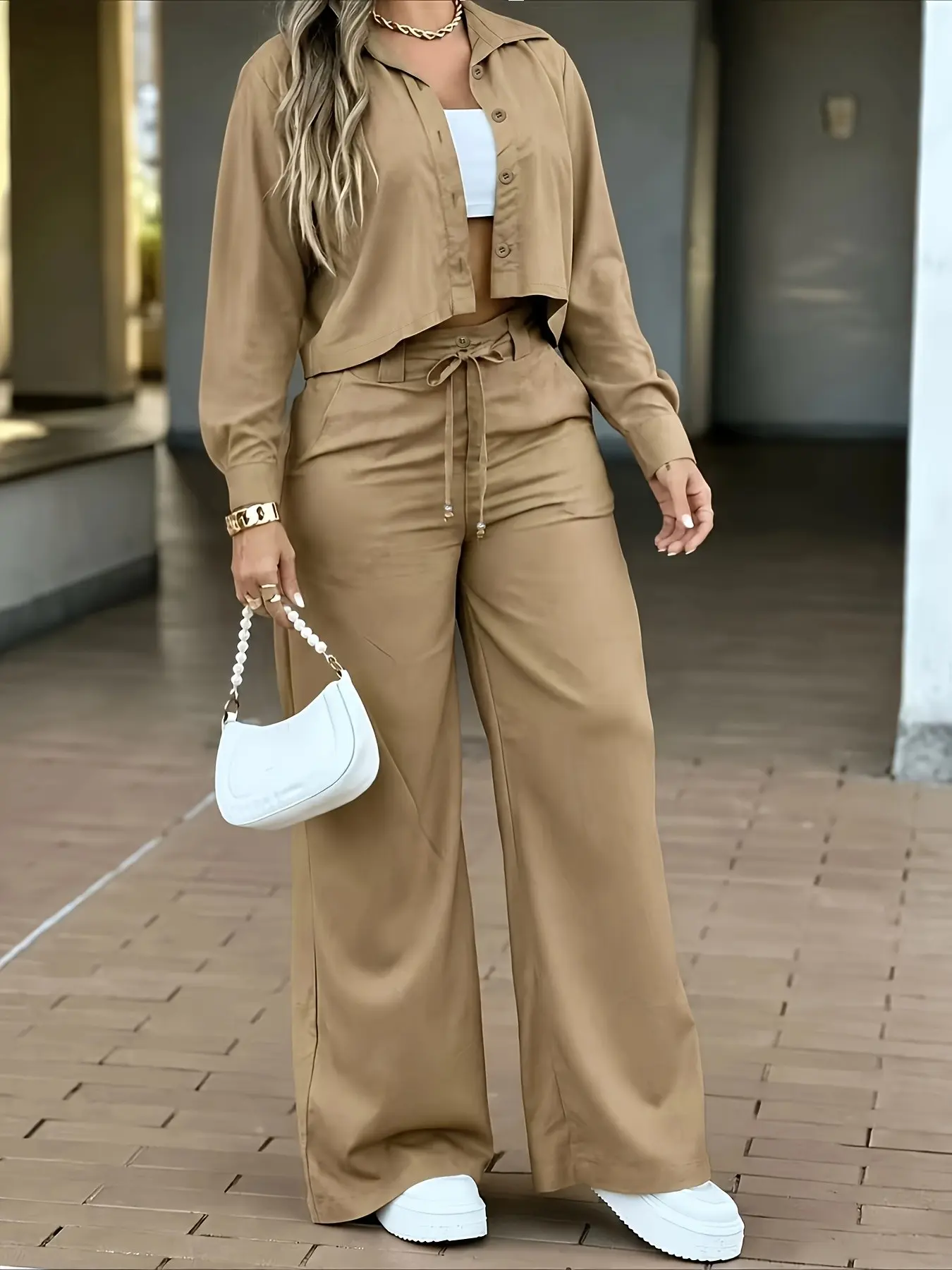 Spring Summer Women's Short Sleeve Collar Shirt Set, High Waist Drawstring Straight Leg Pants, Casual Office Two-Piece Fit
