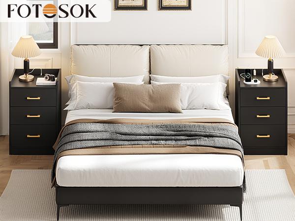 FOTOSOK Nightstands Set of 2 Black Nightstand with Charging Station, 3 Drawer Nightstand with Gold Handles, Side Table for Home Office