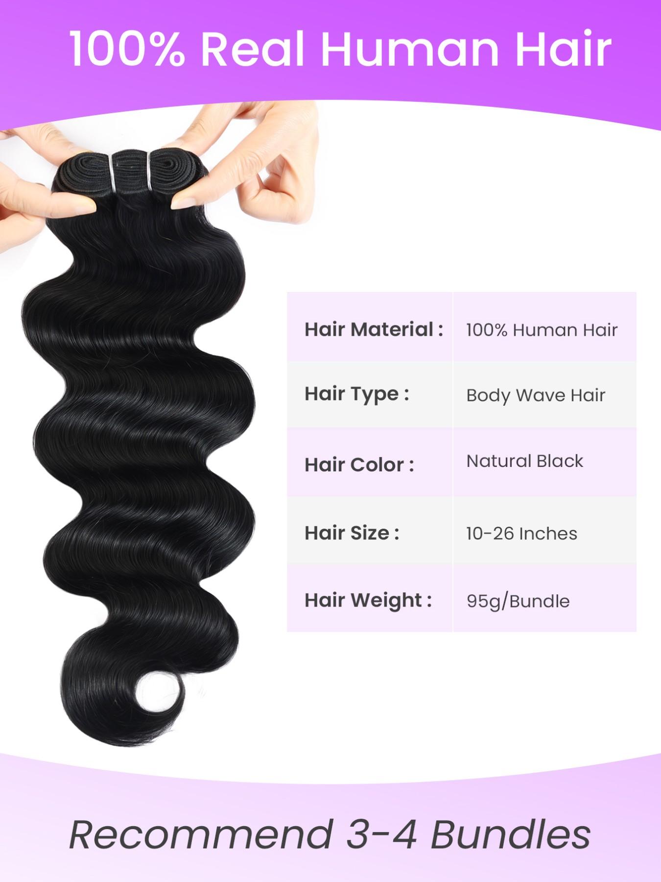 1PC 4D-FL-0SW-BN Natural Black Body Wave Human Hair Bundle, Brazilian Hair Weave