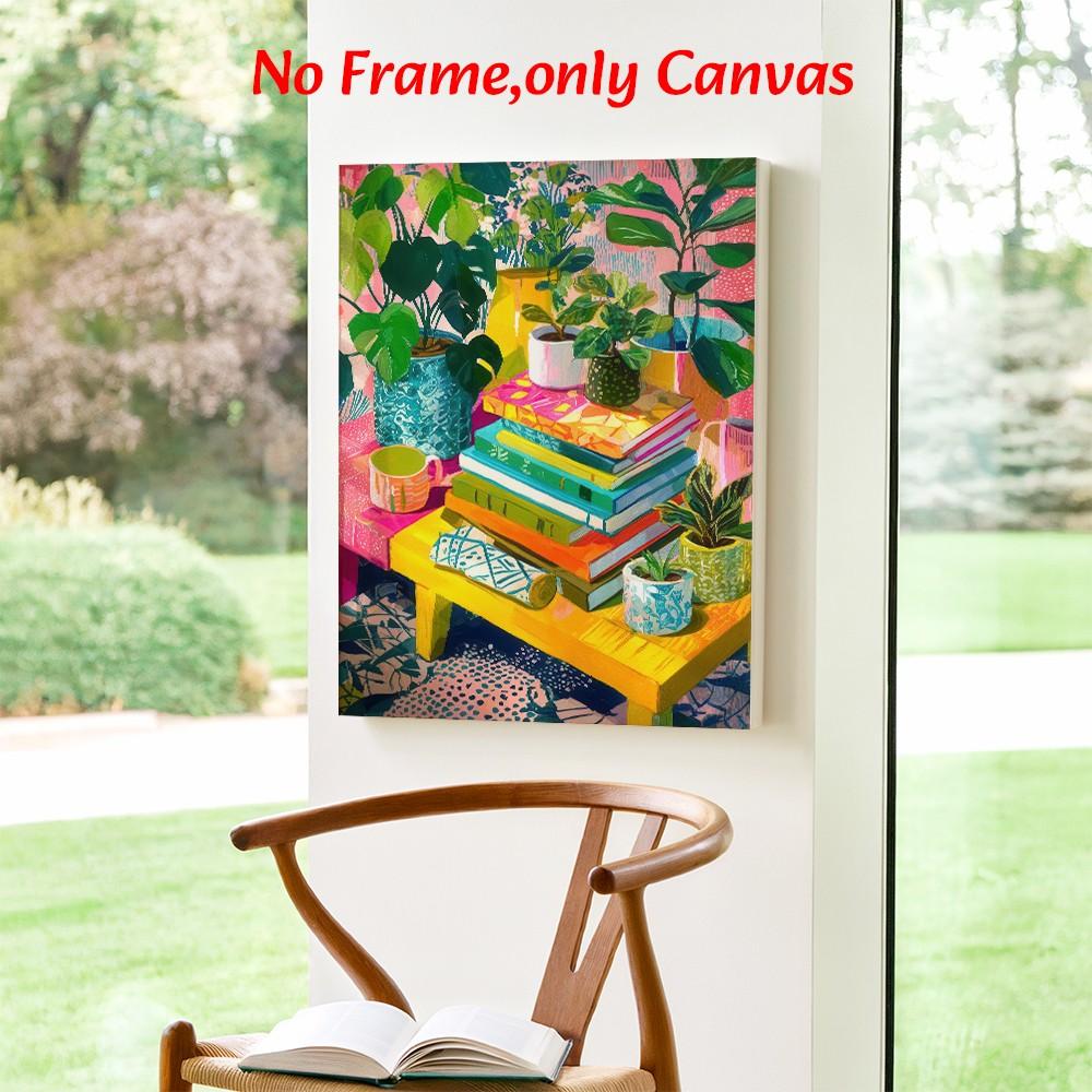 Vibrant Wall Art, Colorful Maximalist Houseplant & Book Stack Still Life Poster, Boho Expressionist Style Printing, Multicolor Bright Tone Canvas Decoration, Living Room & Study Aesthetic, Perfect Housewarming Gift, Framed.