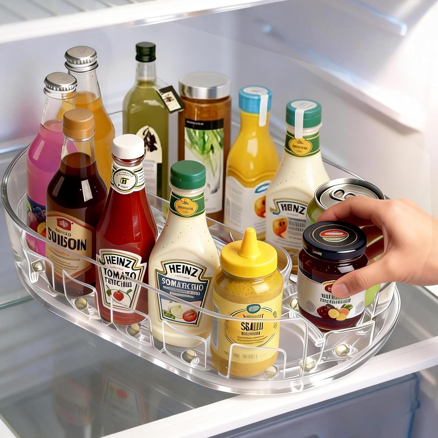 Rotating Refrigerator Storage Rack, 360° Rotating Spice Rack, Soft Drink can Storage Rack, Rotating Refrigerator Tray,Suitable for Refrigerator Storage, Kitchen, Desktop, Cabinet, and Food Storage Compartments.