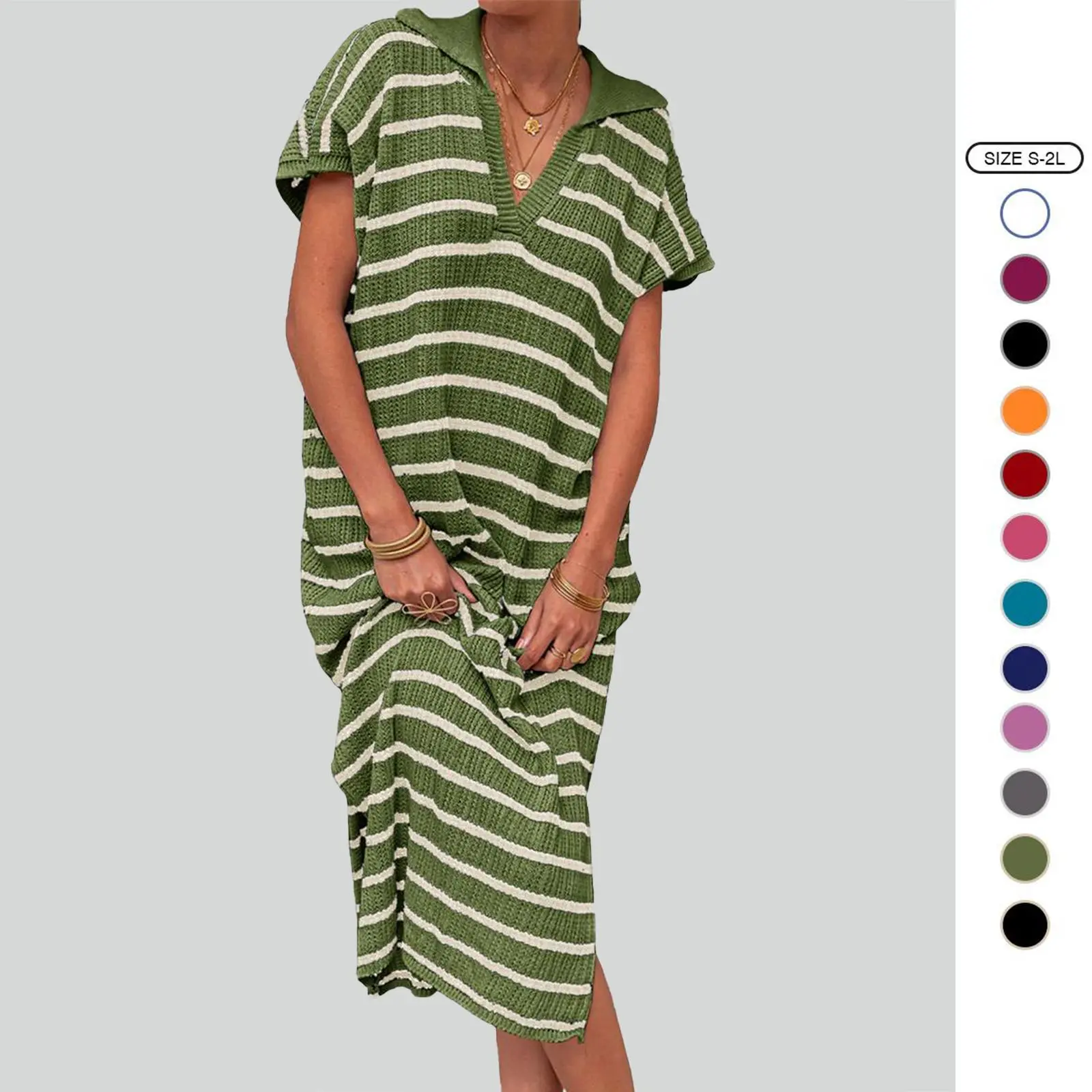 Imily Bela Womens Striped Summer Dresses Short Sleeve V Neck Knit Collared Sexy Slit Loose Maxi Sweater Dress