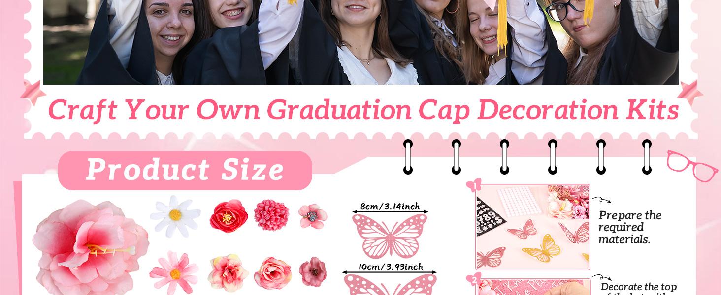 55 Pcs Pink DIY Graduation Cap Decorations Faux Assorted Flowers Pink Bows 3D Butterfly Stickers Glitter Alphabet Letter Number Decals for DIY Hat Grad Cap Topper Graduation Party Supplies