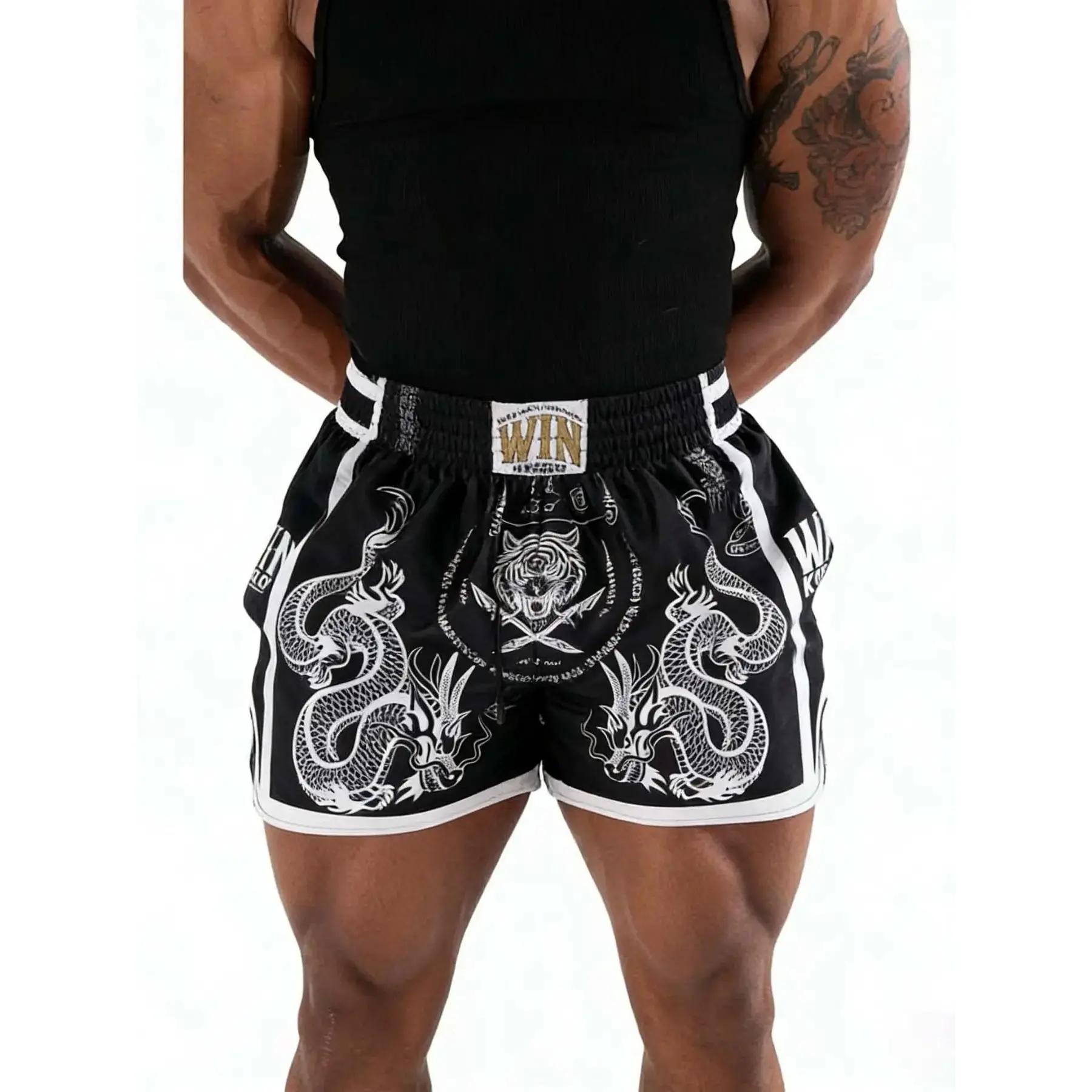 Men's Muay Thai Shorts, Premium Retro Kickboxing Training Shorts, Breathable Athletic Shorts, Dragon & Tiger Sak Yant Tattoo Design, Breathable Polyester Fiber, Breathable Printed Shorts, Breathable Fitness Shorts