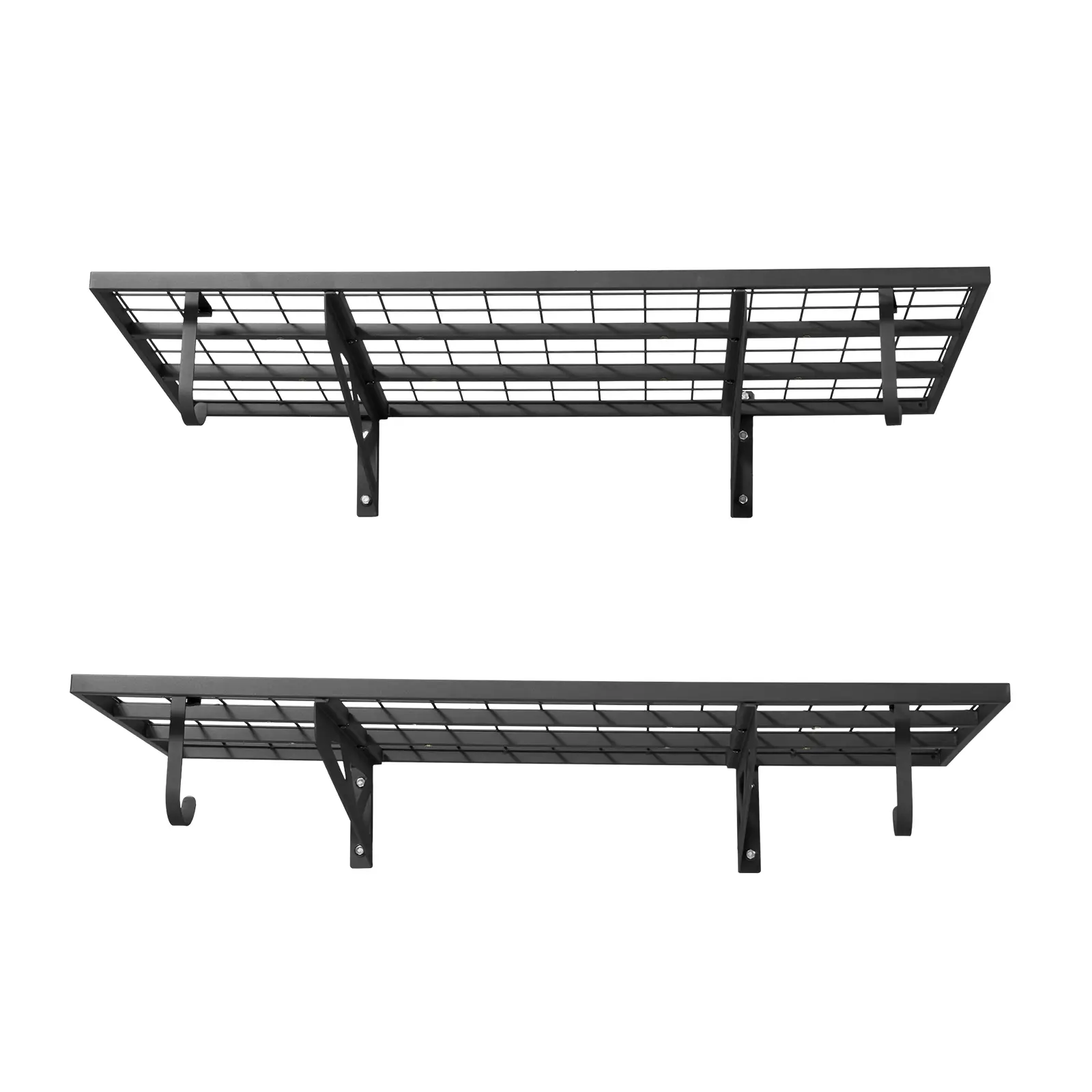 2-Tier Heavy Duty Wall Garage Shelving, 2 x 4 ft Steel Wall Mounted Shelving Unit with Hooks, 24 x 48 Inch Per Shelf Floating Storage Metal Rack for Garage, 500 lbs Total Weight Capacity, Black
