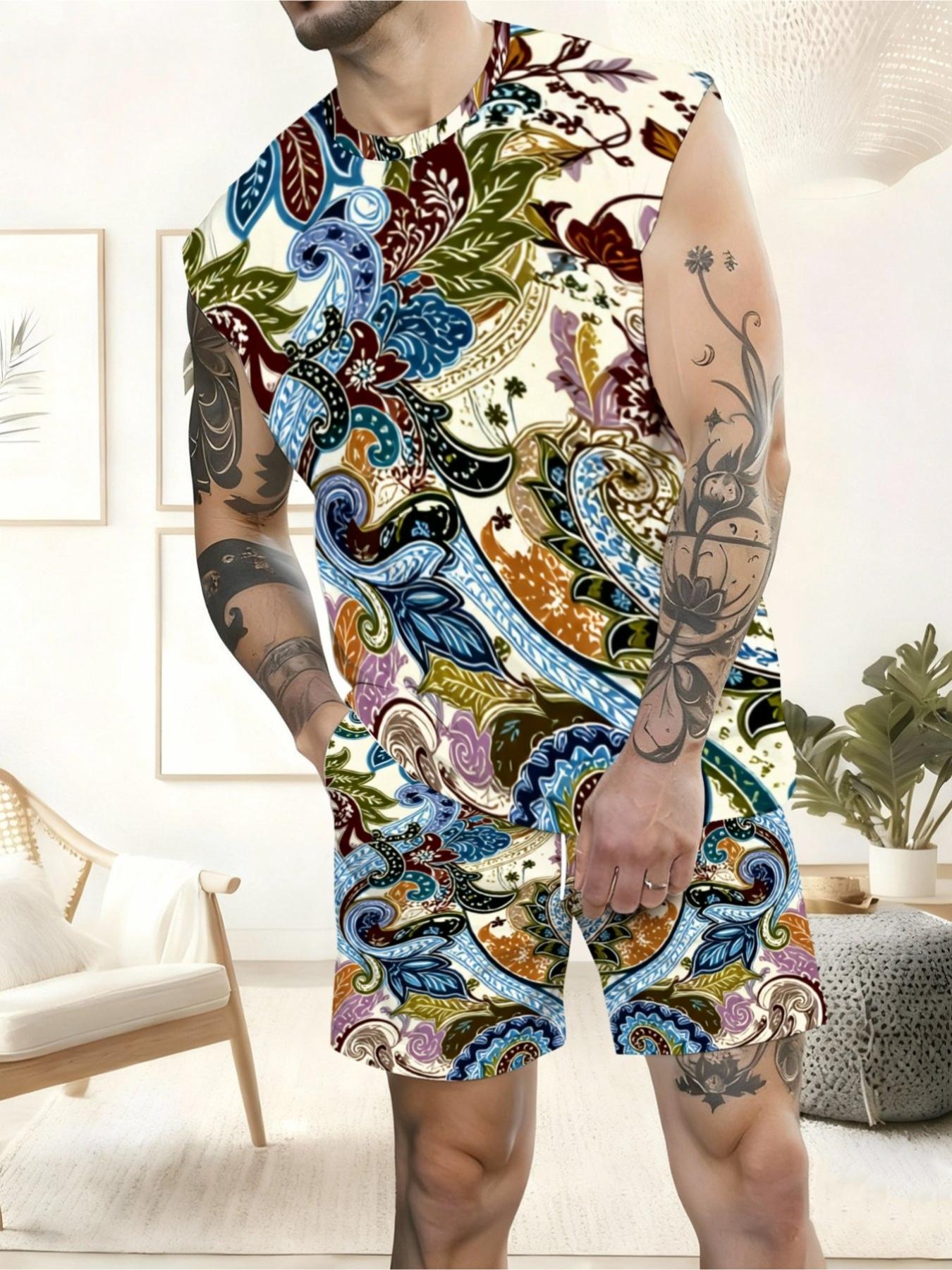 Men's Bohemian Paisley Printed Sleeveless Summer Casual Set