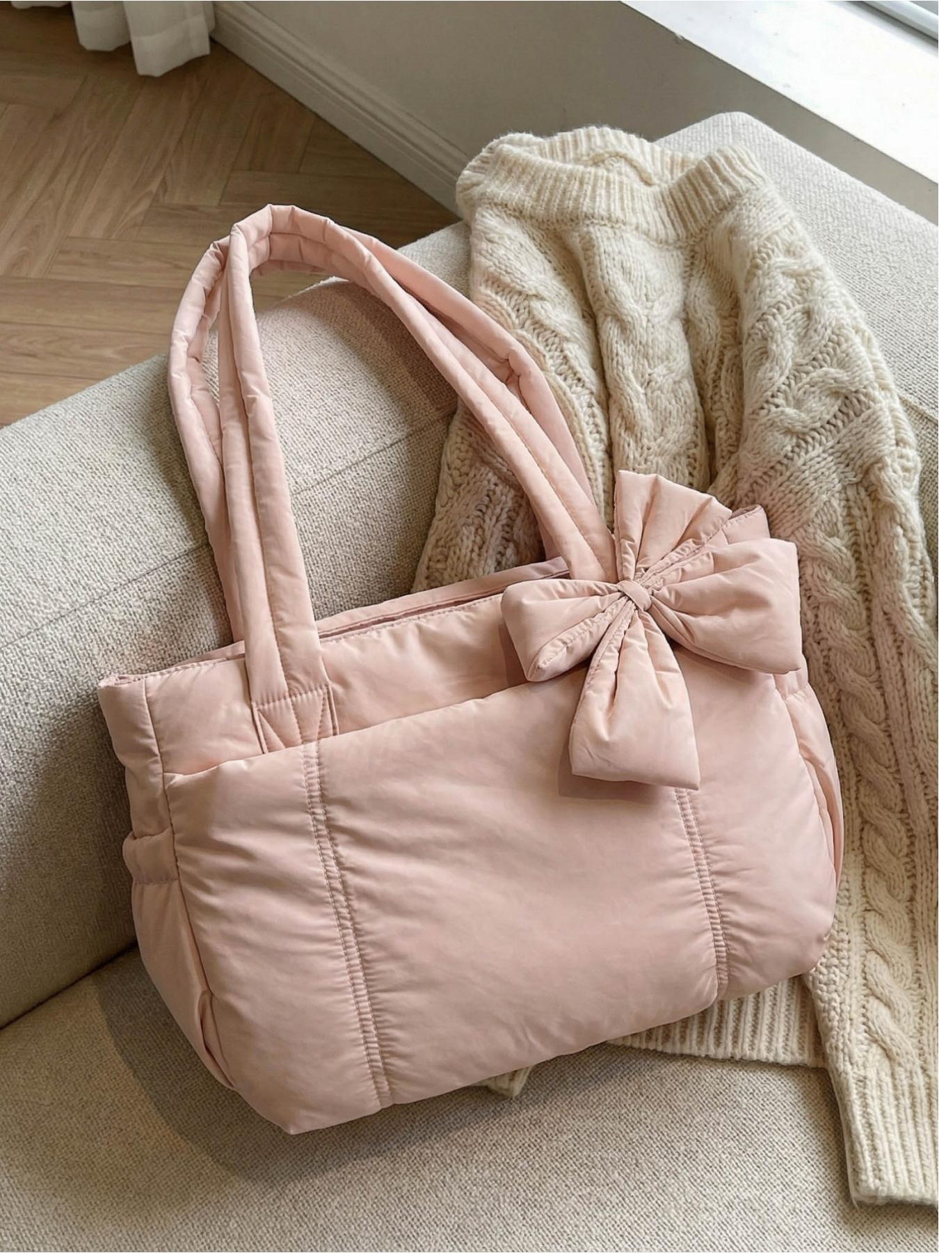 Pink Quilted Bow Tote Bag, Casual Lightweight Shoulder Bag, Casual Commuter Bag, Suitable for Commuting, Shopping, Leisure Outings, Everyday Accessories.