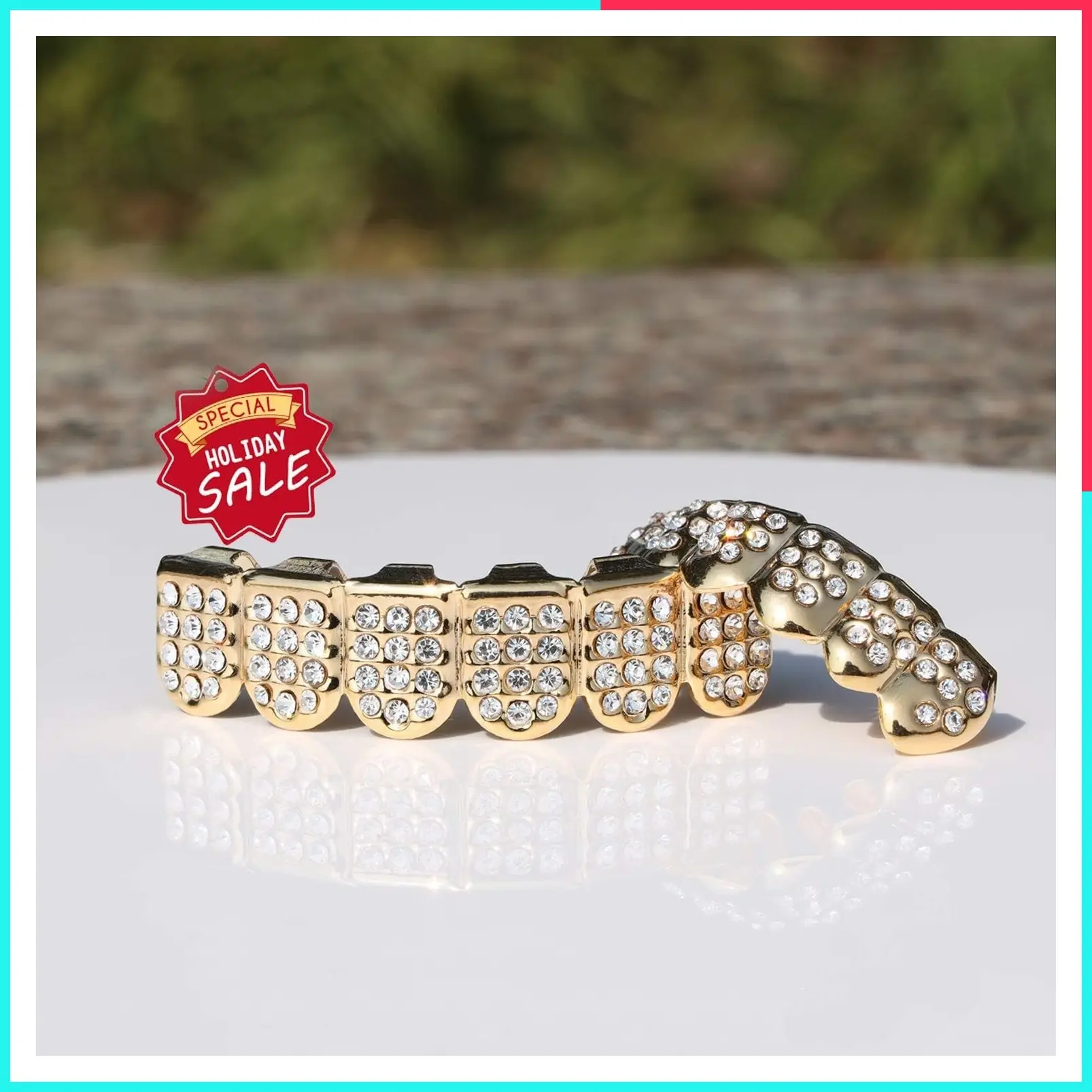 Custom Fit 14k Gold Plated Diamond Grillz Set - 6 Pcs Top & Bottom, Excellent Cut for All Teeth Types