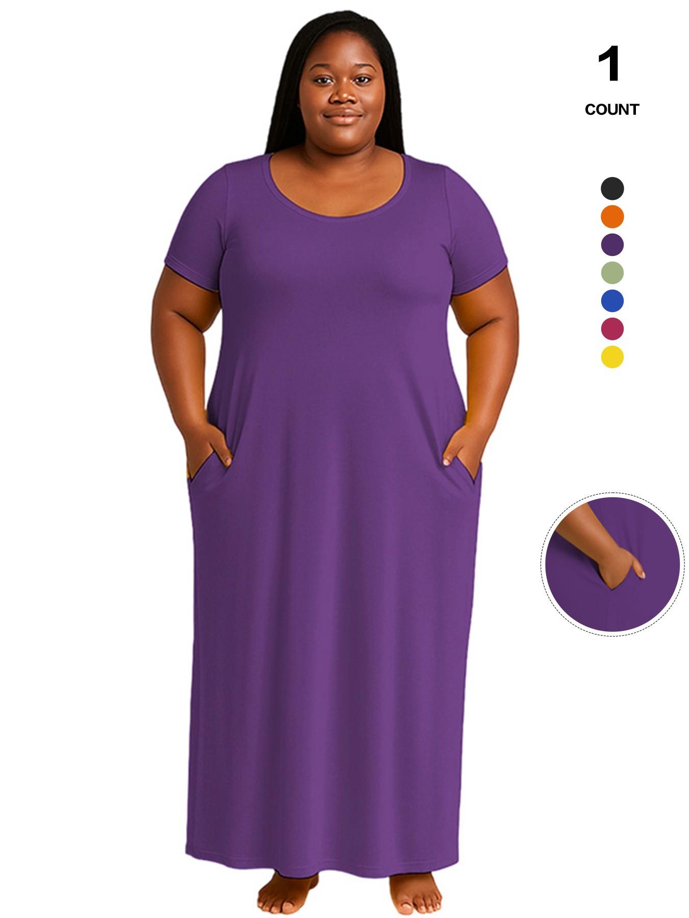 Plus Size Women's Solid Color Dress, Sexy Round Neck Short-Sleeved Long Dress, European and American Summer New Arrival, Casual Style
