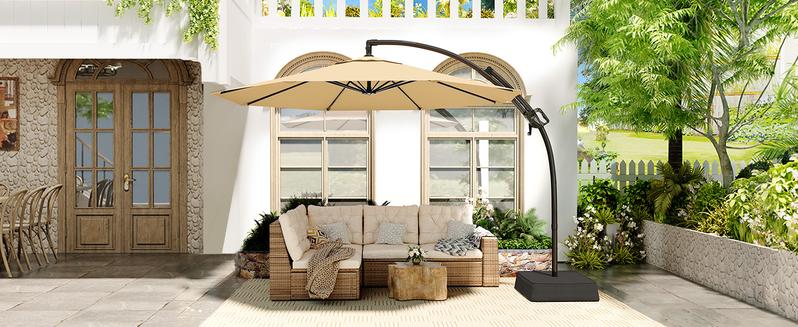 【Valentine's Day Gift】ONBRILL Outdoor Patio Umbrella with Base Includeds, 10 FT Cantilever Umbrella withstands Wind and Weather, Sturdy Sun Shade Hanging Umbrella for Deck, Pool, 240G/M2, UPF50+, Class 4 color fastness