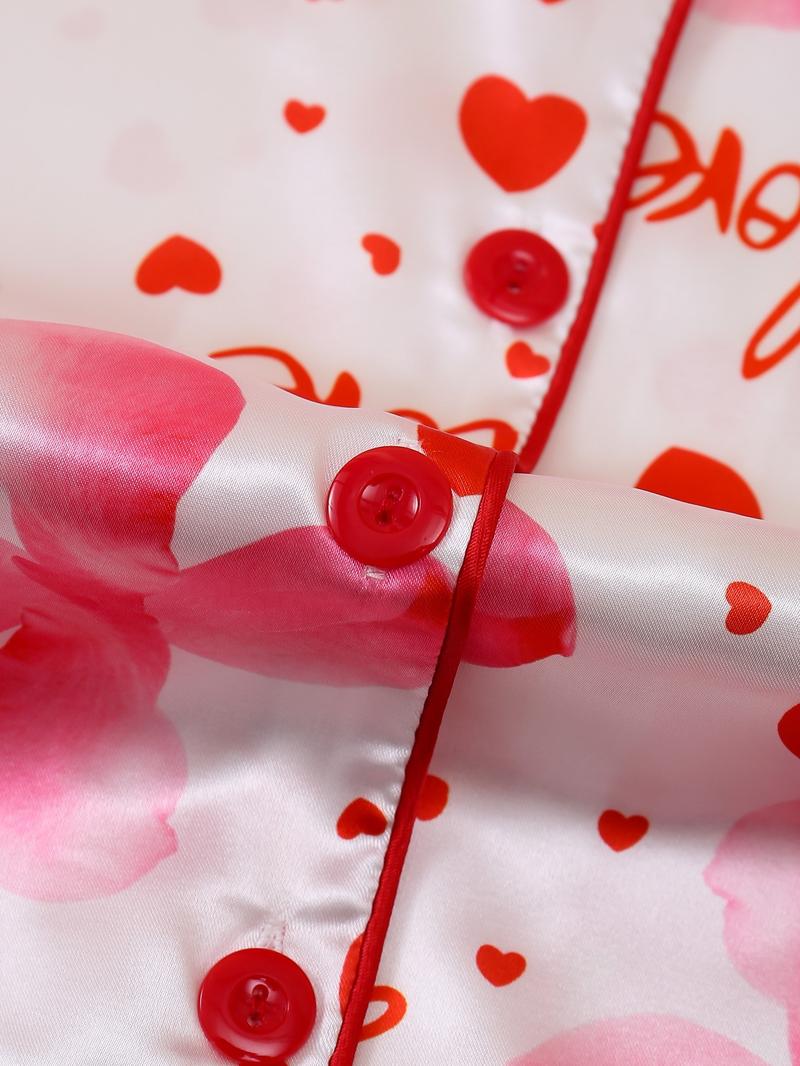 Women's Floral Heart Pattern Two-Piece Sleepwear Set, Button Front Short Sleeve Top and Elastic Shorts, Valentine's Day Elegant Homeewear