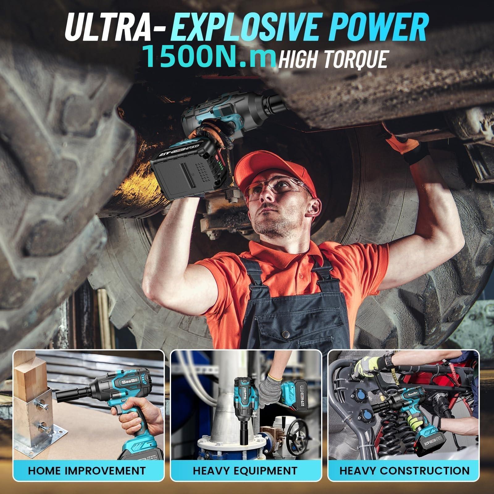 SEESII 1500N.m (1106ft-lbs) High Torque Brushless Impact Wrench, 1/2" Cordless Electric Wrench with 2x4.0Ah Batteries + Fast Charger, Complete Kit: 5 Sockets + 1 Extension Bar & Case – Heavy-Duty for Cars/Trucks & DIY Black Friday Deals