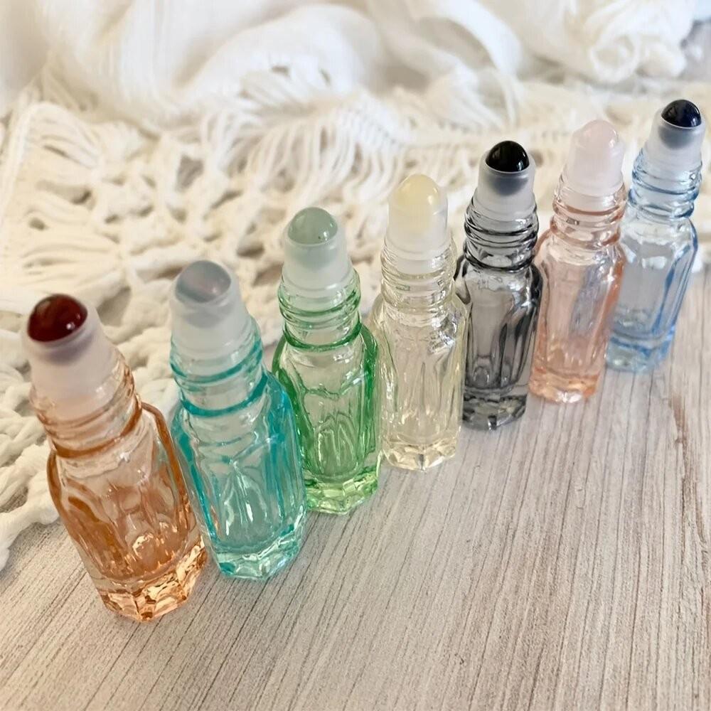7-Piece Gemstone-Shaped Rollerball Bottles, Glass Essential Oil Containers, Aromatherapy, Travel-Friendly, Perfect Gift, DIY Perfume