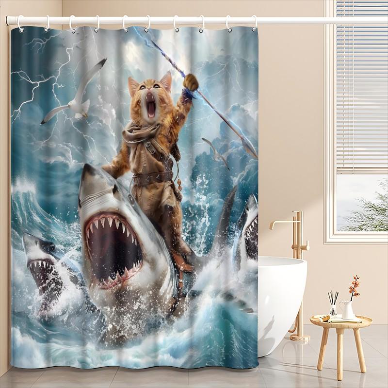 1pc Epic Orange Cat Shark Rider Fantasy Printed Shower Curtains with Plastic Hooks Shower Curtain for Bathtub Bathroom, Suitable for Home and Hotel Machine Washable Bathroom Decor as Best Gifts for Friends and Fantasy Lovers