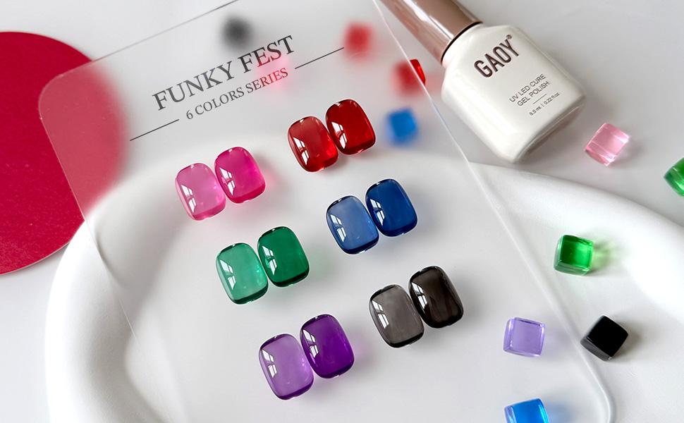 GAOY Funky Fest Jelly Red Black Gel Nail Polish Set, 6 Transparent Colors Green Blue Pink, Soak Off UV Light Cure Gel Polish Kit for Nail Art DIY at Home