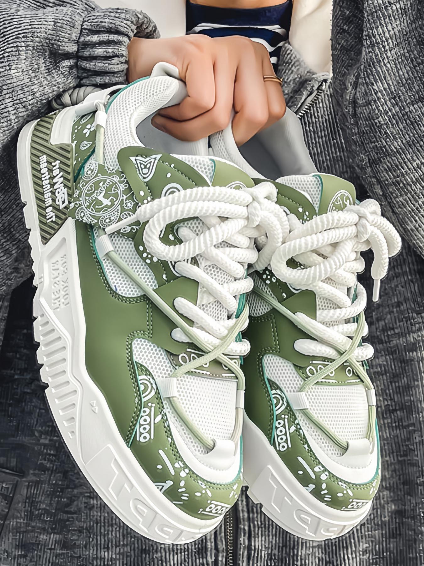 Unisex Beige-Blue Color-Block Paisley Sneakers: Thick Height-Increasing Sole + Breathable Mesh, Daily Street Trendy Shoes