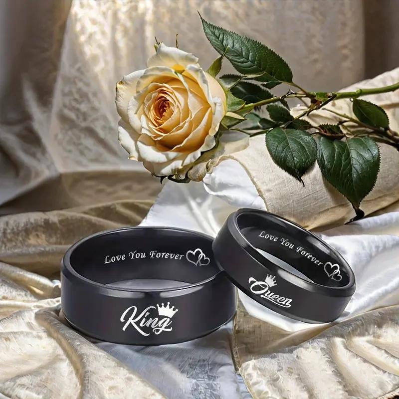 Unisex King-Queen Matching Sets, Black Titanium Engraved Text Rings, Durable Elegant Custom Jewelry Gift for Wedding Anniversary Lovers