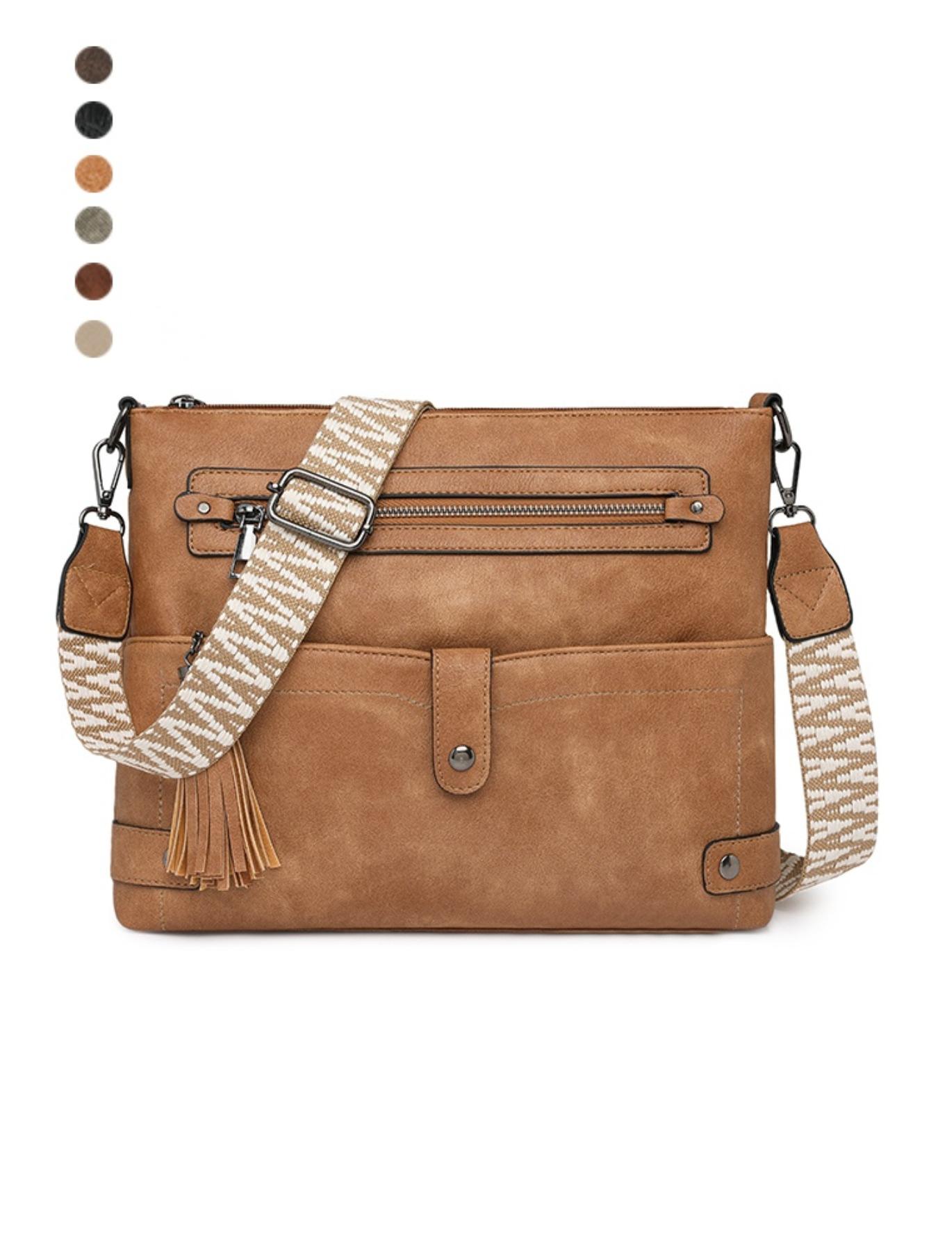 Vintage PU Crossbody Bag, Wide Strap Fringe Design, Large Capacity Shoulder Bag, Casual All-Season Tote, Multi-Layer Anti-Theft, Adjustable Strap