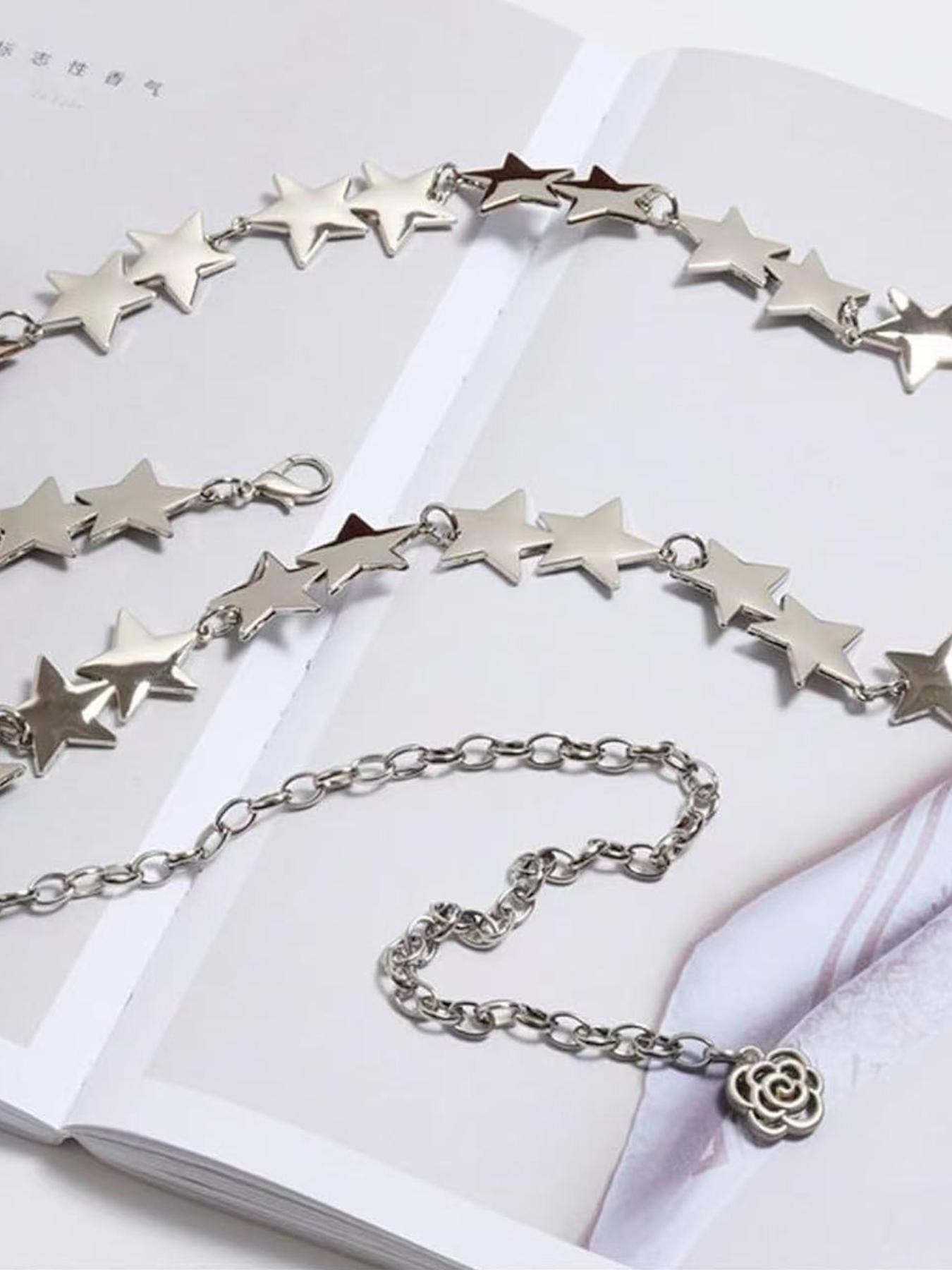 Y2K Silver Rhinestone Rectangle Link Chain Belt Adjustable 31–38 2000s Festival Silver Star Chain Belt Western Metal Belt Street Style Belt  main image 2