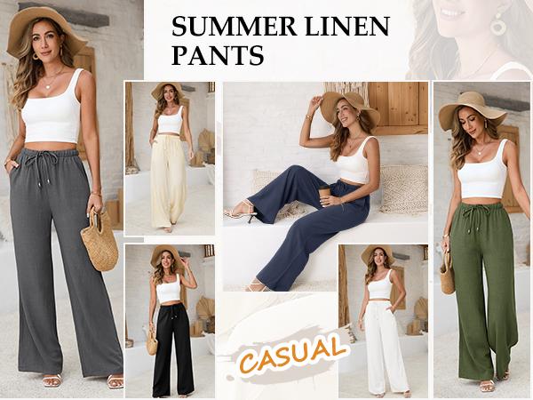 UMIPUBO Womens Linen Pants Casual Wide Leg Pants Summer Palazzo Pants Loose Flowy Beach Pants Drawstring Elastic Trousers