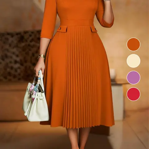 AOMEI  Elegant Midi Dress for Plus Size Women, Pleated A-Line, Long Sleeve, Natural Waist Office & Party Wear, Fall New Arrival, Workwear