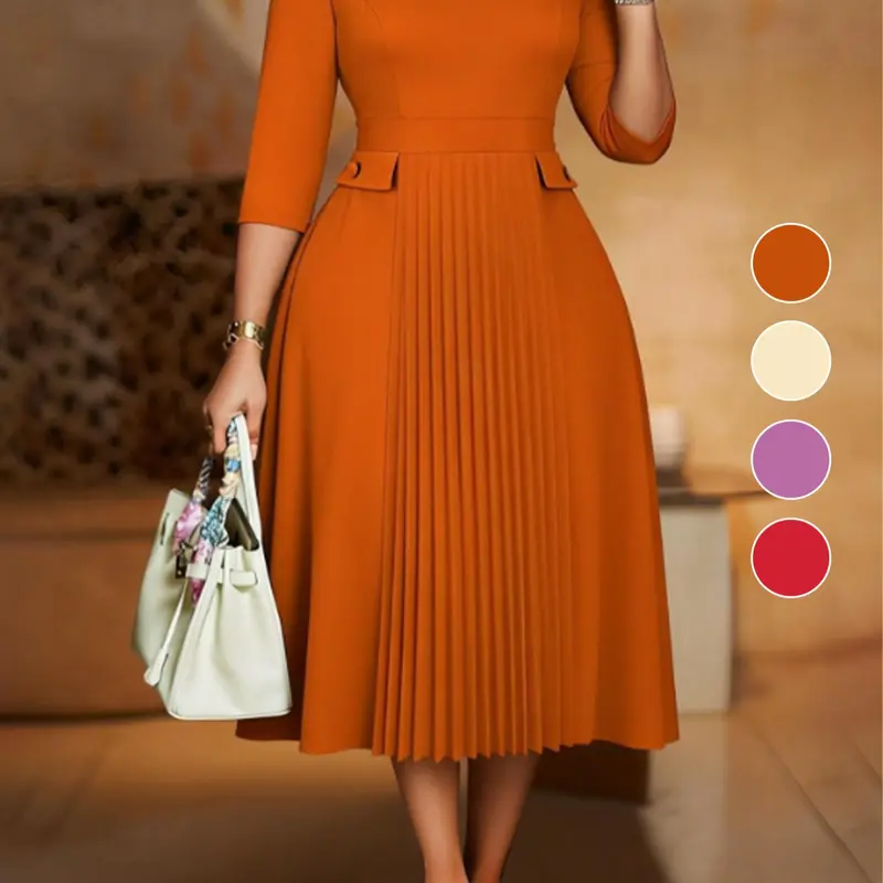 AOMEI Elegant Midi Dress for Plus Size Women, Pleated A-Line, Long Sleeve, Natural Waist Office, Formal & Party Wear, Fall New Arrival
