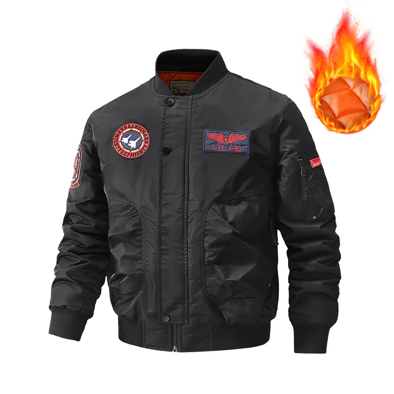 Men's Stylish Soft Pilot Bomber Jacket - Polyester Quilted Thermal Padding Sewn-In Padded Winter Outerwear, Embroidery Patch Embellishments, Utility Pockets, Relaxed Fit Tactical, Casual Urban Vibe Modern Menswear Top