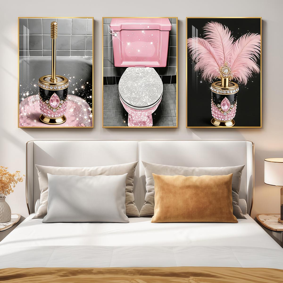 3 Counts Aluminum Alloy Framed Painting, Luxury Pink Diamond Feather Toilet Brush Set Pictures, Home Decoration For Living Room, Bedroom, Office, Restaurant, Hallway Wall Decor, Odorless Print Artwork, Luxury Perfect Gift For Friends And Family