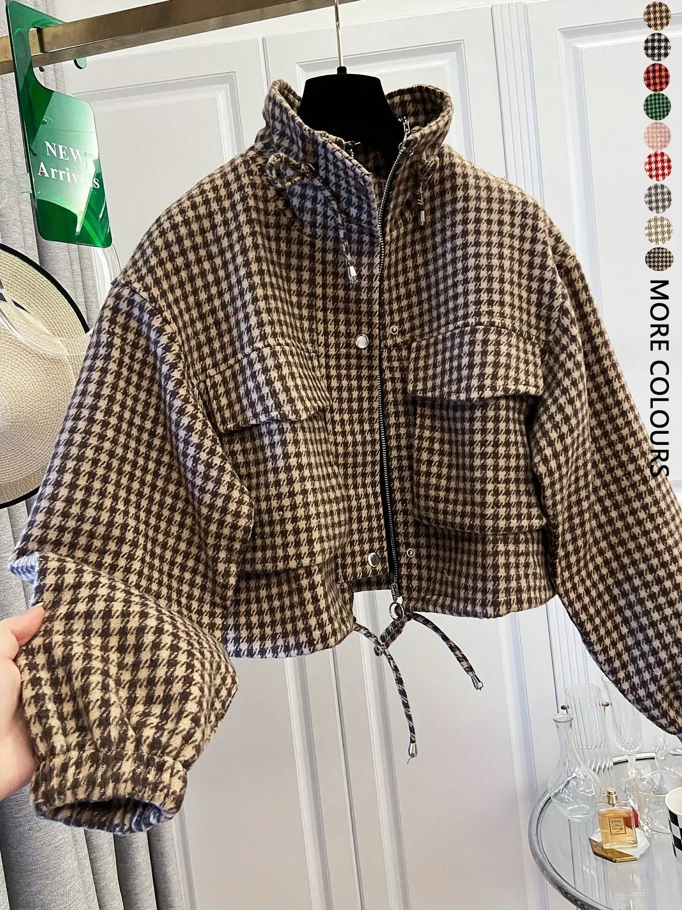 Women's Fashion Retro Plaid Stand Collar Short Coat, Drawstring Design, Zipper Front, Perfect for Fall Winter Daily Holiday Outing