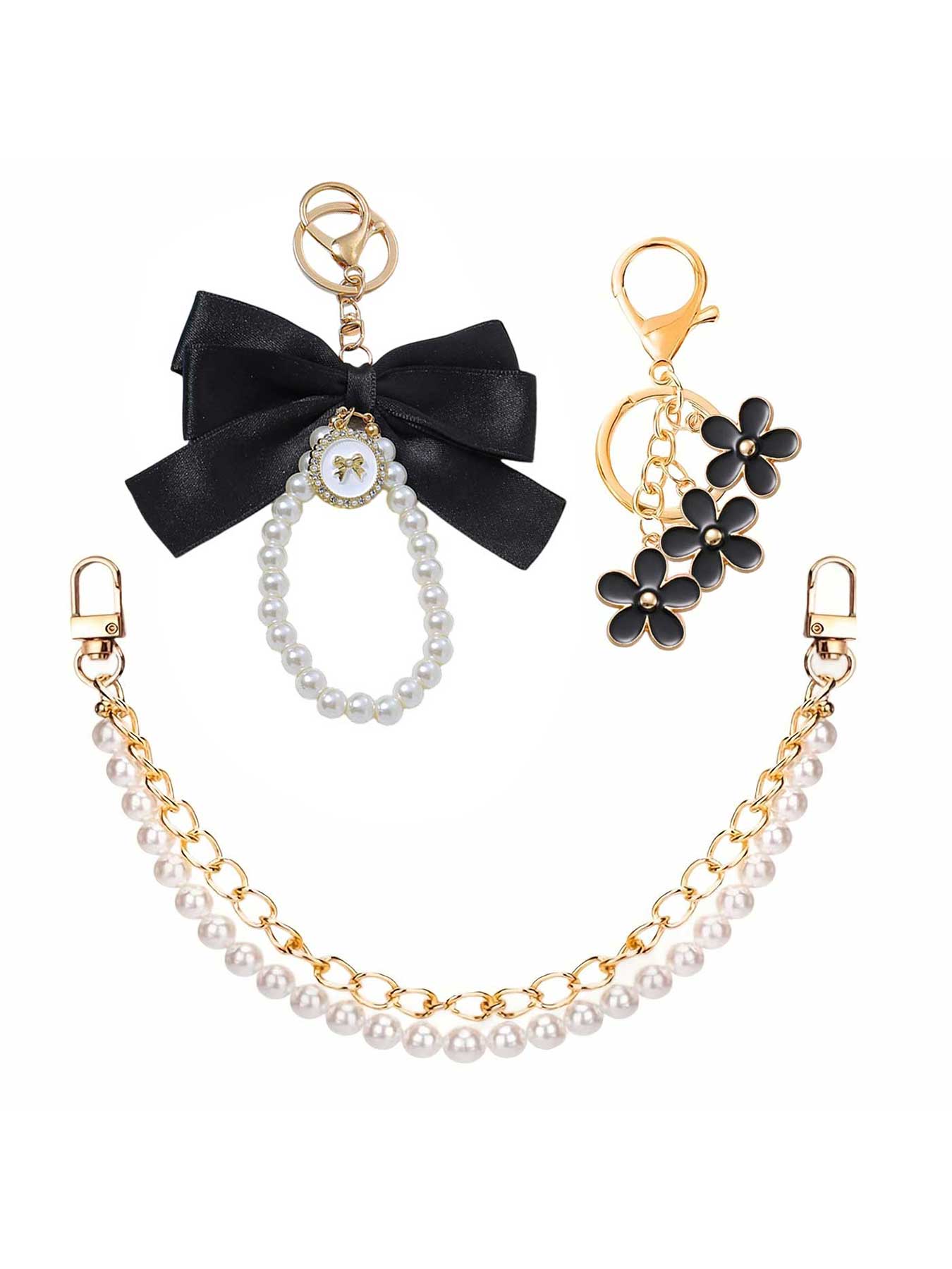 3pcs/Set Elegant Metal Bag Charms & Keychains Set-Double Layer Faux Pearl Bead & Chain Purse Charms,Decorative Bag Chain Handbag Decoration Purse Bag Extender Chain Bag Strap Purse Charms Accessories Keychain Kawaii Accessories For Bags