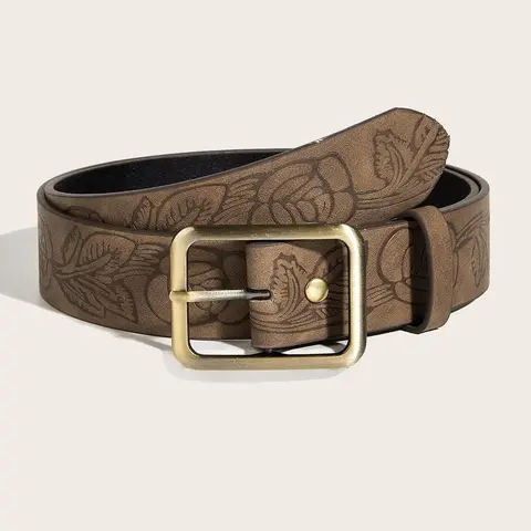 Simple Rectangle Metal Buckle Belt Vintage Printed Brown PU Leather Waistband Unisex Jeans Pants Decoration Belt