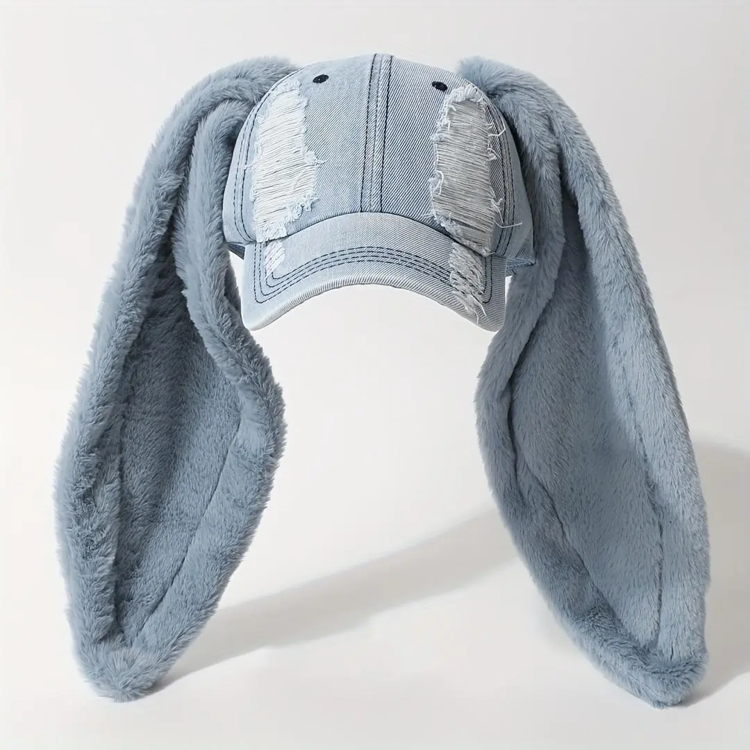 Unisex Distressed Look Pink Baseball Cap with Plush Bunny Ears - Washed Vintage Snapback, Wide Brim, Adjustable Cotton-Polyester Hats for Women, Casual Outdoor Party Accessory, Cute, One Size Fits Most