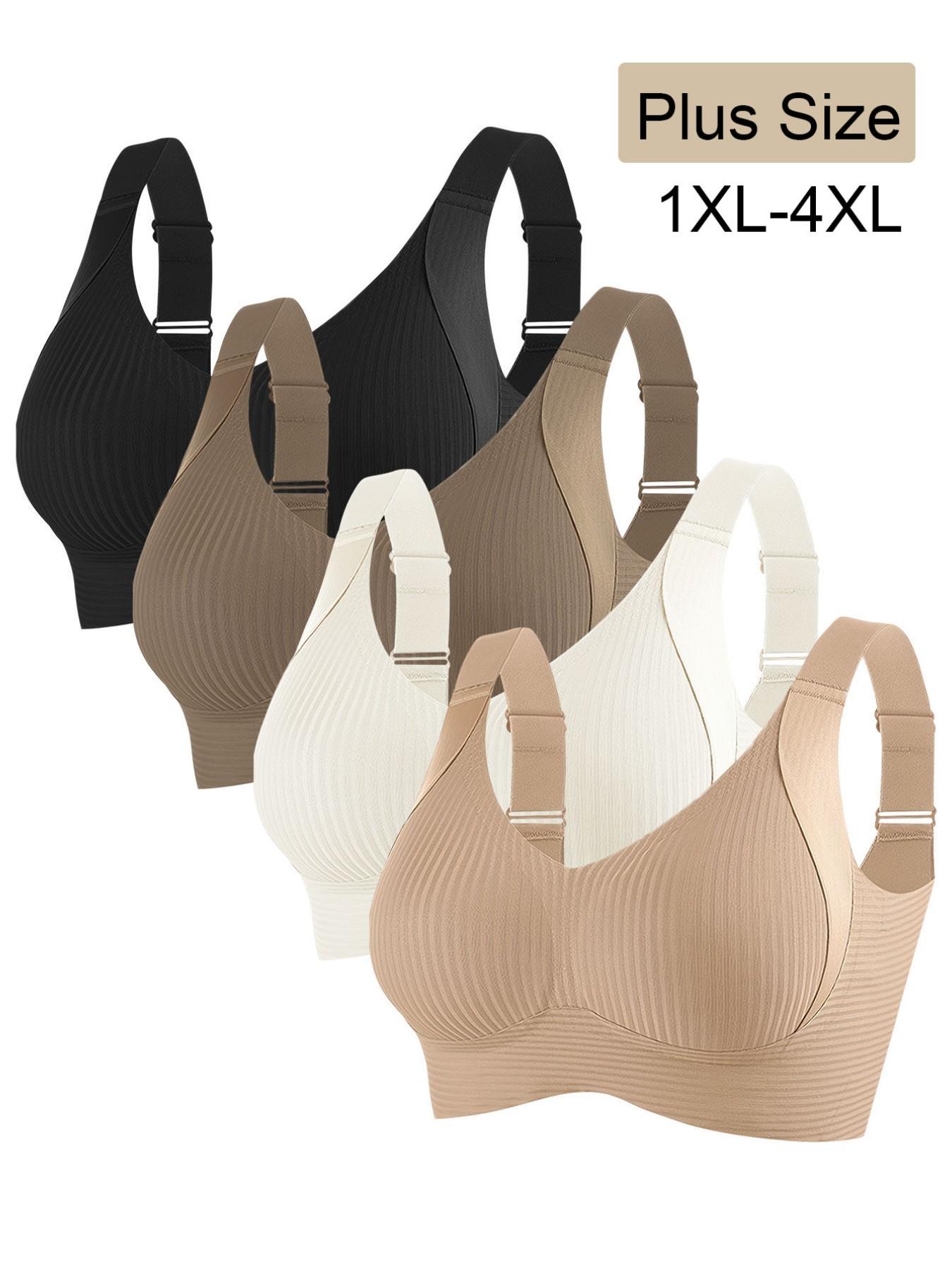 Plus Size Women's Full Coverage Adjustable Bra Set, Anti-Sagging, Seamless Side Support, Suitable for Large Busts, 4 Piece Pack