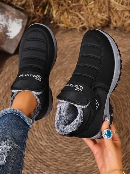 Couple Plush Lined Ankle Boots, Fluffy Snow Boots, Slip-On Soft Sole Anti-Slip Snow Boots, Velcro Easy Open Warm Winter Flat Shoes, Travel Outdoor Activities