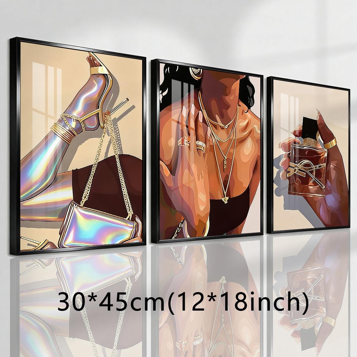 3 Counts Aluminum Alloy Framed Painting, Fashion Woman With Gold Jewelry And Perfume Art Pictures, Home Decoration For Living Room, Bedroom, Office, Restaurant, Hallway Wall Decor, Odorless Print Artwork, Luxury Perfect Gift For Friends And Family
