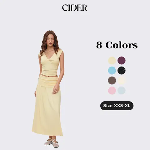 Cider Elegant Vacation V-Neck 2-Piece Set for Beach Holiday, Elegant 2-Piece Outfits, Ladies Ruched Top, Maxi Skirt Set, Vintage Lady Blouse