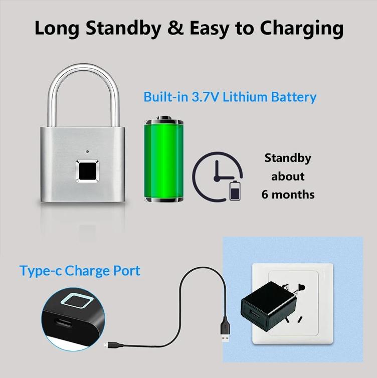 Smart Fingerprint Hanging Lock, USB Rechargeable, Biometric Fingerprint Lock, Zinc Alloy Security, Easy One-Click Operation