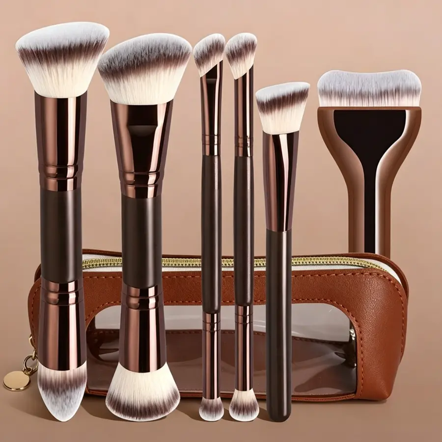 7-Piece Professional Dual-Ended Makeup Brush Set with Storage Bag, Face Makeup Brushes, High-Quality Synthetic Fiber, Ideal for Foundation, Concealer and Loose Powder, Cosmetics Brushes Set