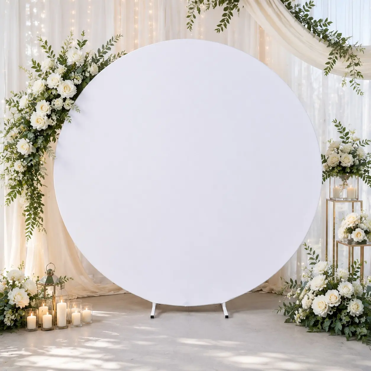 2D plane banner, pure white circular arch background cloth (excluding shelves), party decorations, circular arch background elastic cloth with elastic band and no wrinkles, with a circular arch cover with a diameter of 70.87/78.74 inches,