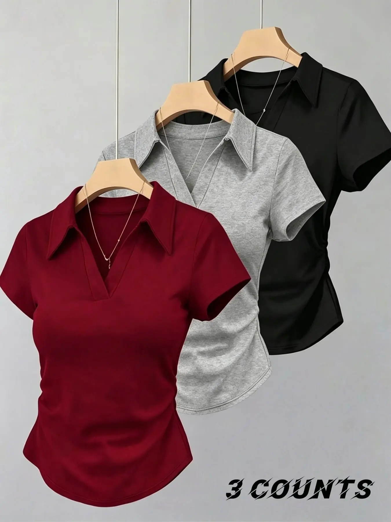 Vintage Women's Collar V-Neck Streetwear Polo Shirt, Short Sleeve Slim Fit T-Shirt, Plain Color Basic Top, Soft Casual Street Fashion